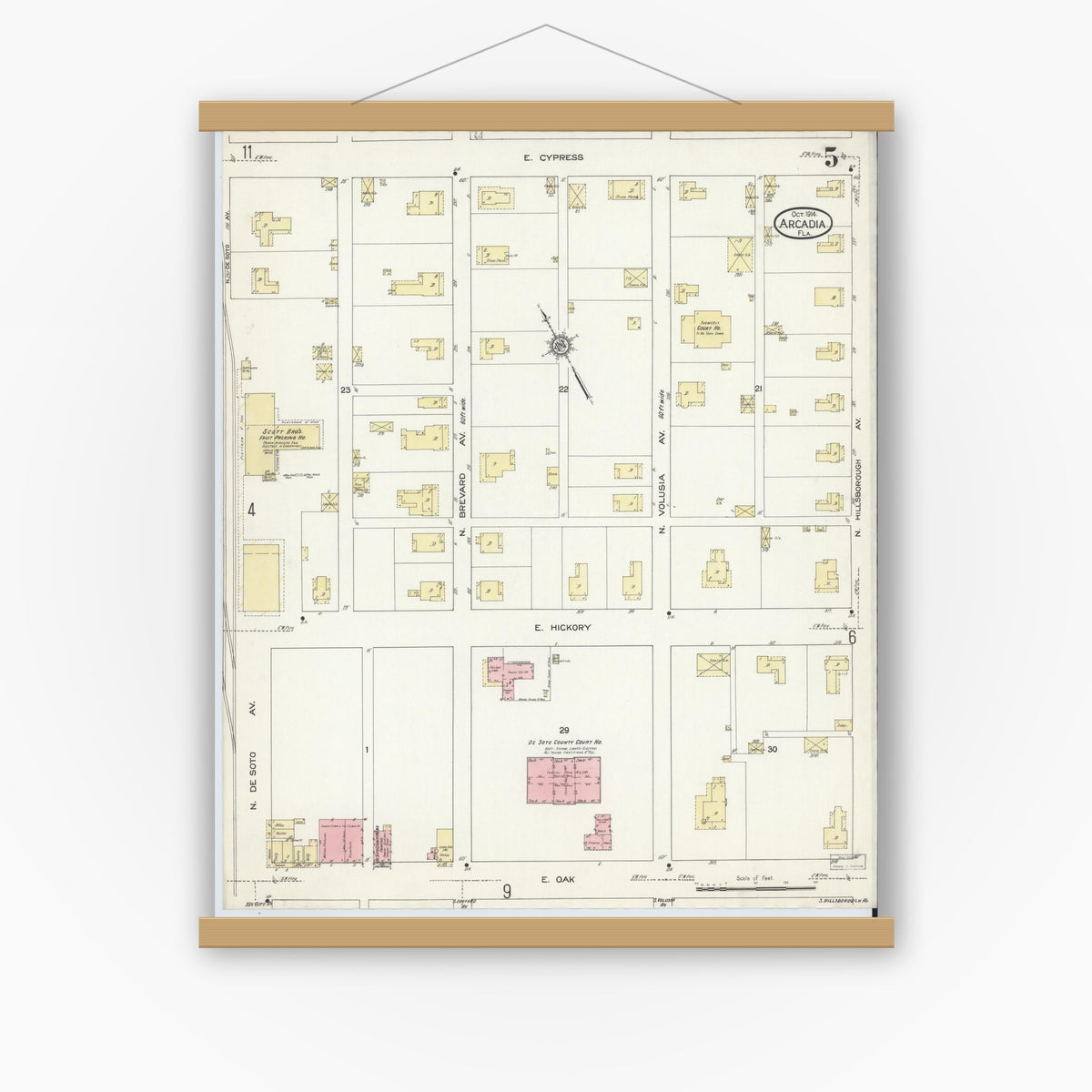 Old map wall art mockup — magnetic wood frame on white wall — Sanborn Fire Insurance Map from Arcadia, DeSoto County, Florida (1914), Sheet #0005