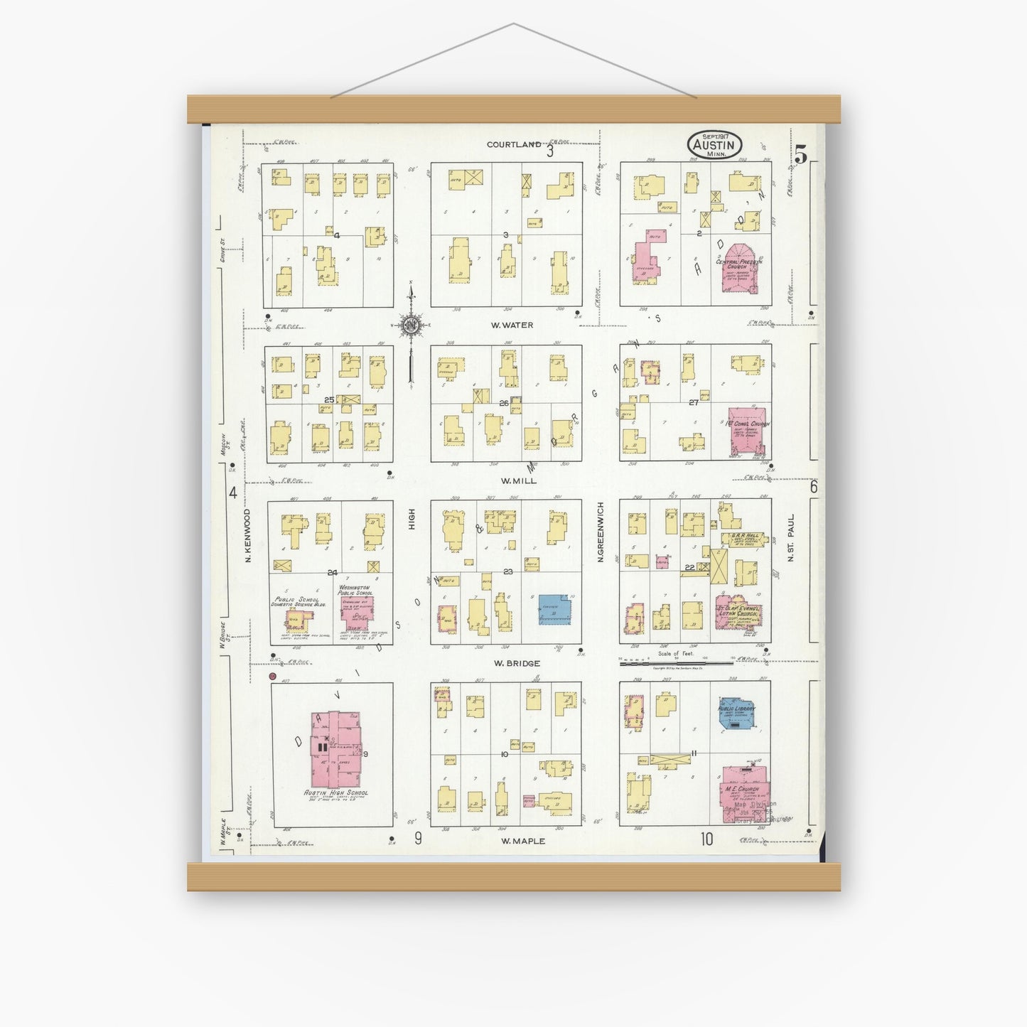 Old map wall art mockup — magnetic wood frame on white wall — Sanborn Fire Insurance Map from Austin, Mower County, Minnesota (1917), Sheet #0005