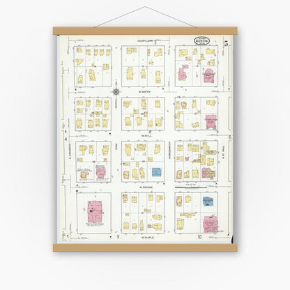 Old map wall art mockup — magnetic wood frame on white wall — Sanborn Fire Insurance Map from Austin, Mower County, Minnesota (1917), Sheet #0005