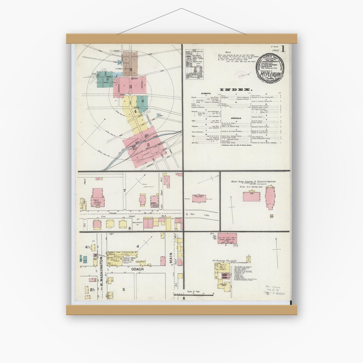 Old map wall art mockup — magnetic wood frame on white wall — Sanborn Fire Insurance Map from Mount Pleasant, Westmoreland County, Pennsylvania (1891) - Complete Map Set