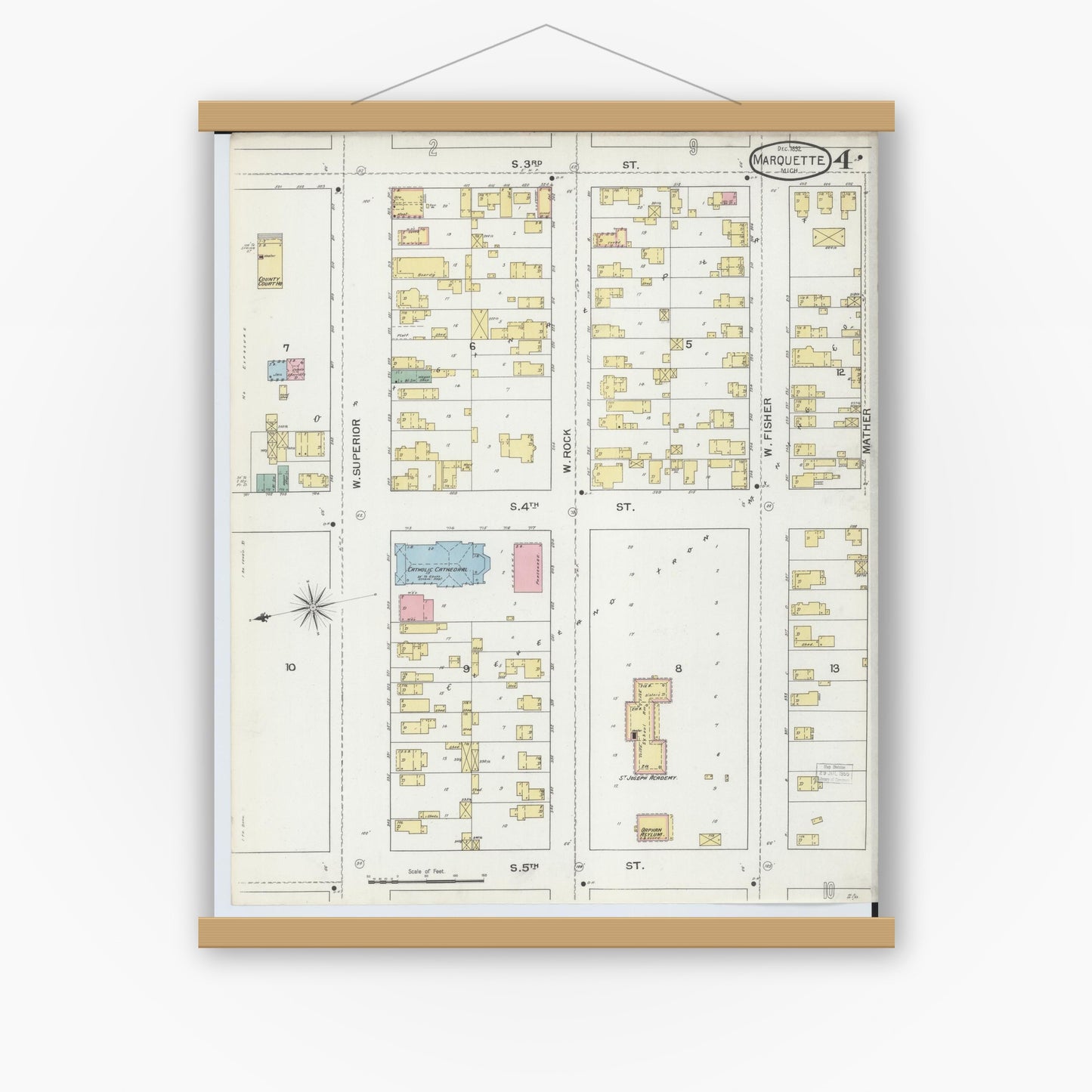 Old map wall art mockup — magnetic wood frame on white wall — Sanborn Fire Insurance Map from Marquette, Marquette County, Michigan (1892), Sheet #0004