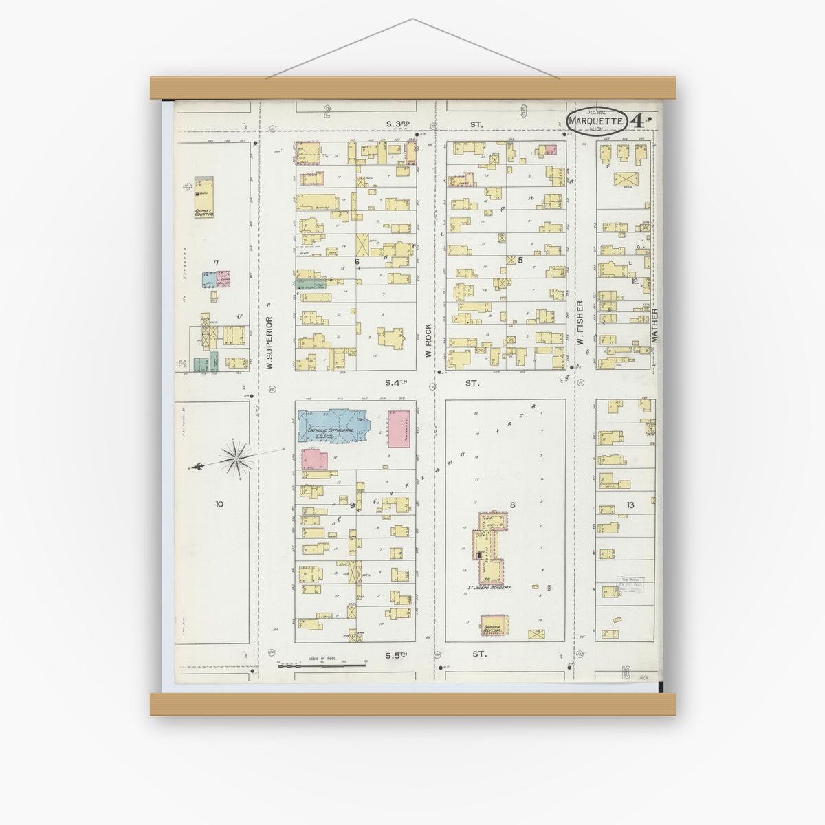 Old map wall art mockup — magnetic wood frame on white wall — Sanborn Fire Insurance Map from Marquette, Marquette County, Michigan (1892), Sheet #0004