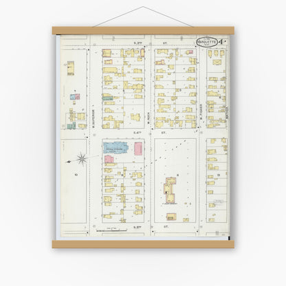 Old map wall art mockup — magnetic wood frame on white wall — Sanborn Fire Insurance Map from Marquette, Marquette County, Michigan (1892), Sheet #0004