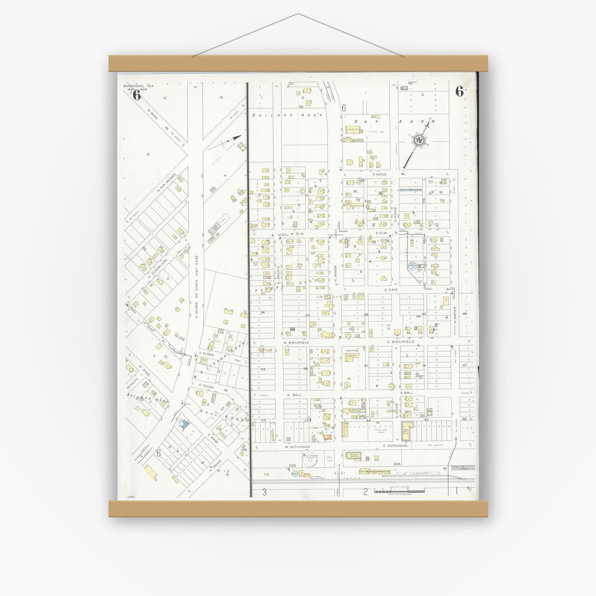 Old map wall art mockup — magnetic wood frame on white wall — Sanborn Fire Insurance Map from Monahans, Ward County, Texas (1940), Sheet #0006