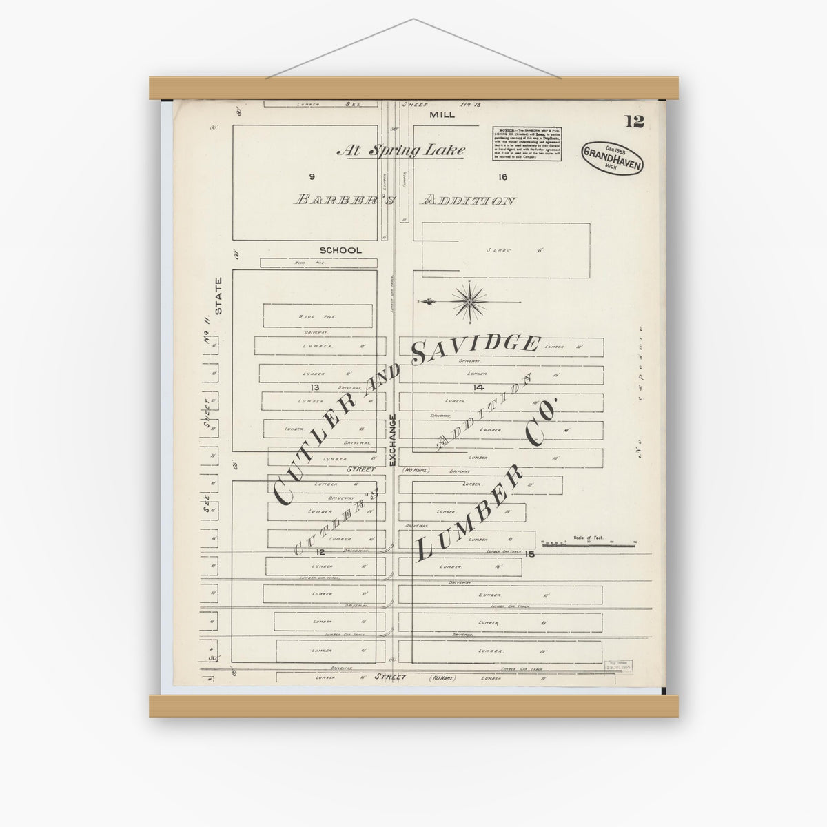 Old map wall art mockup — magnetic wood frame on white wall — Sanborn Fire Insurance Map from Grand Haven, Ottawa County, Michigan (1883), Sheet #0012