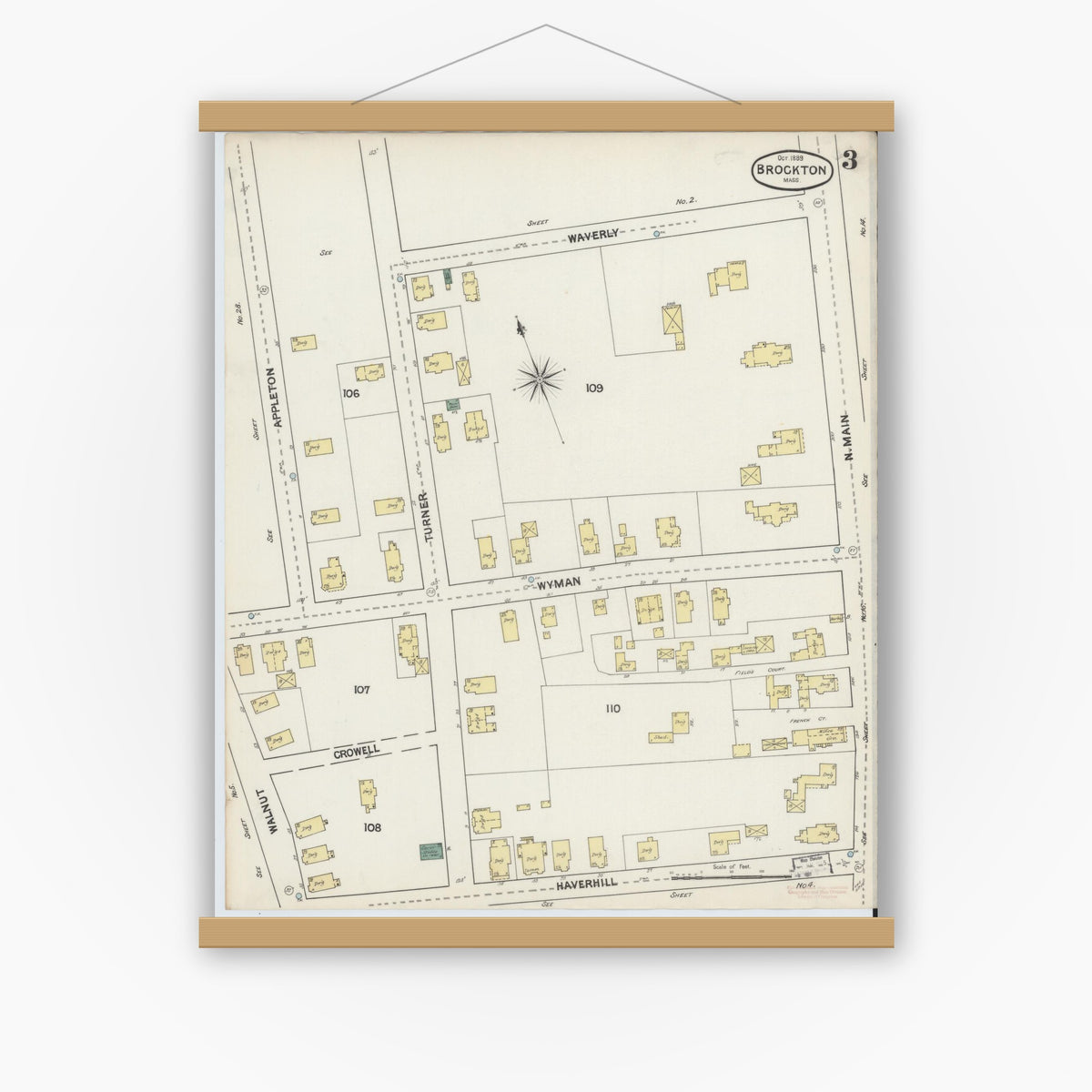 Old map wall art mockup — magnetic wood frame on white wall — Sanborn Fire Insurance Map from Brockton, Plymouth County, Massachusetts (1889), Sheet #0003