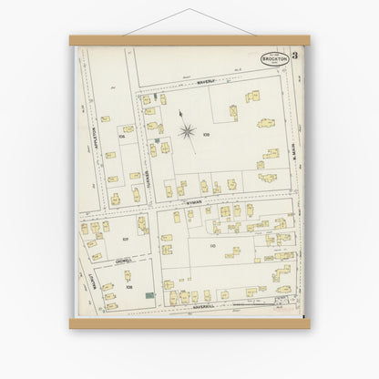 Old map wall art mockup — magnetic wood frame on white wall — Sanborn Fire Insurance Map from Brockton, Plymouth County, Massachusetts (1889), Sheet #0003