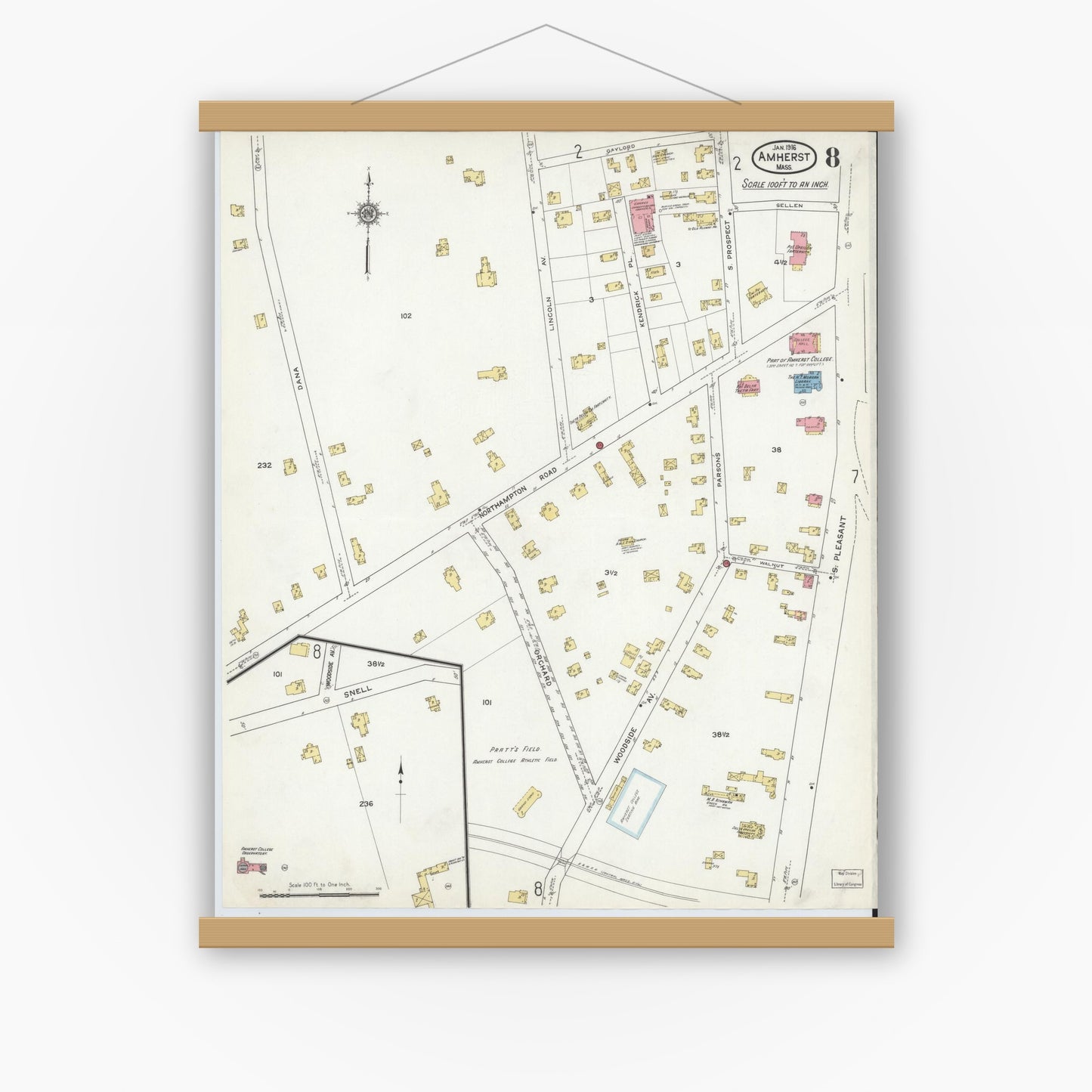 Old map wall art mockup — magnetic wood frame on white wall — Sanborn Fire Insurance Map from Amherst, Hampshire County, Massachusetts (1916), Sheet #0008
