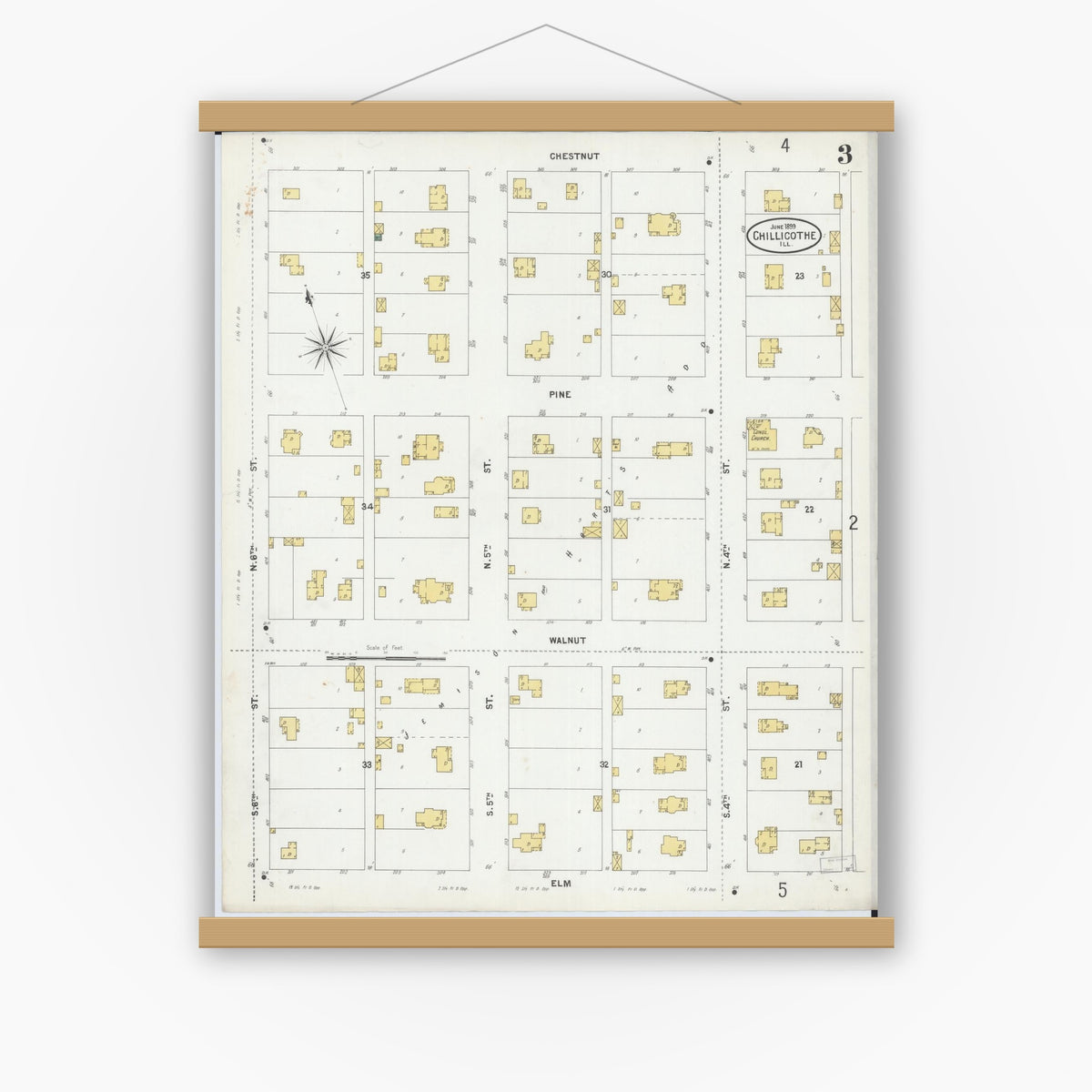 Old map wall art mockup — magnetic wood frame on white wall — Sanborn Fire Insurance Map from Chillicothe, Peoria County, Illinois (1899), Sheet #0003