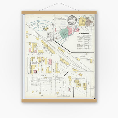 Old map wall art mockup — magnetic wood frame on white wall — Sanborn Fire Insurance Map from Chilton, Calumet County, Wisconsin (1898), Sheet #0001
