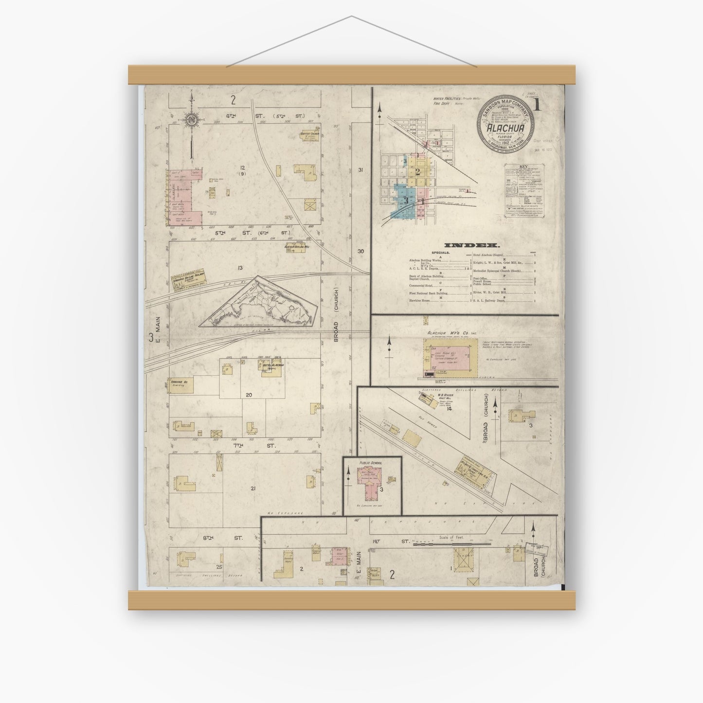 Old map wall art mockup — magnetic wood frame on white wall — Sanborn Fire Insurance Map from Alachua, Alachua County, Florida (1912), Sheet #0001