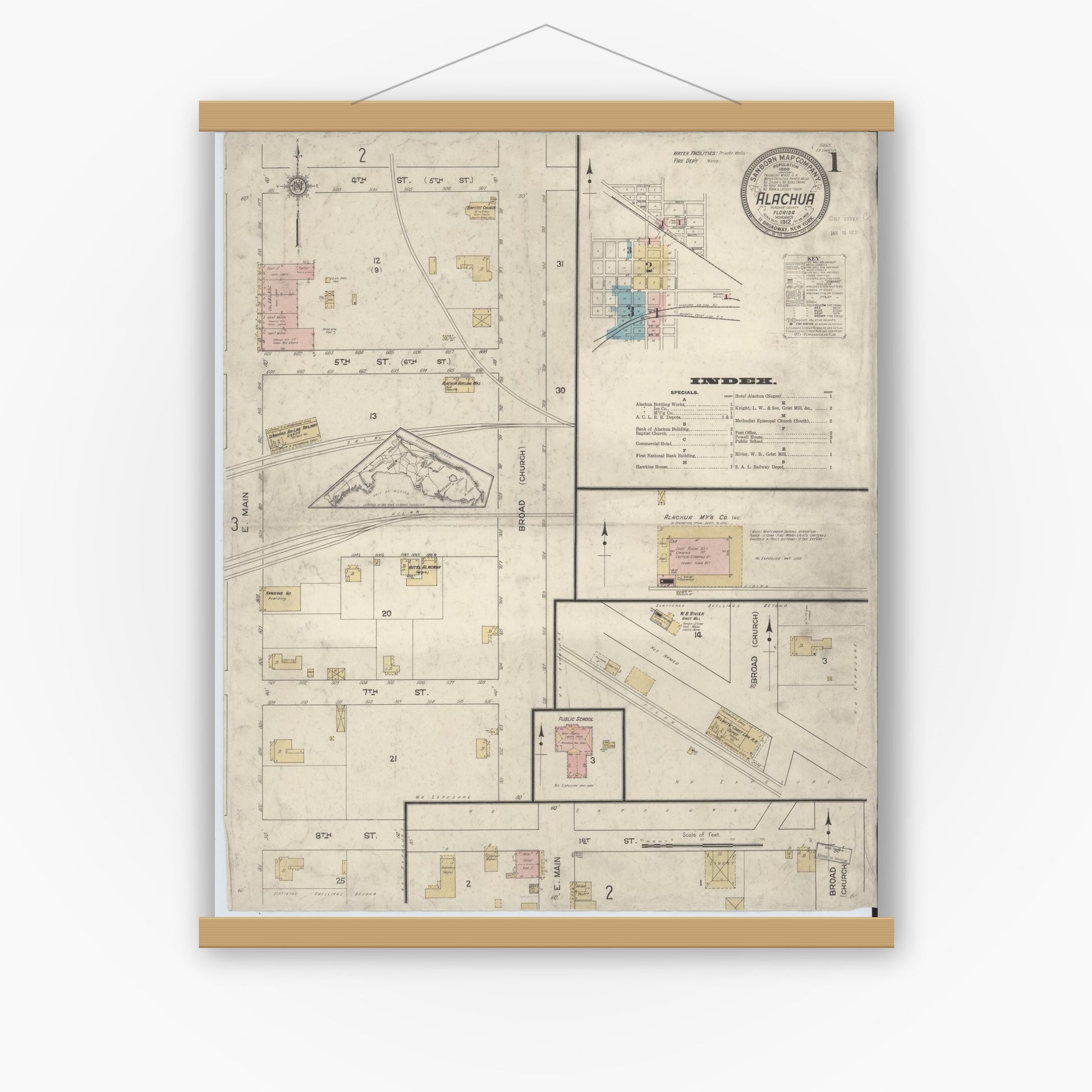 Old map wall art mockup — magnetic wood frame on white wall — Sanborn Fire Insurance Map from Alachua, Alachua County, Florida (1912), Sheet #0001