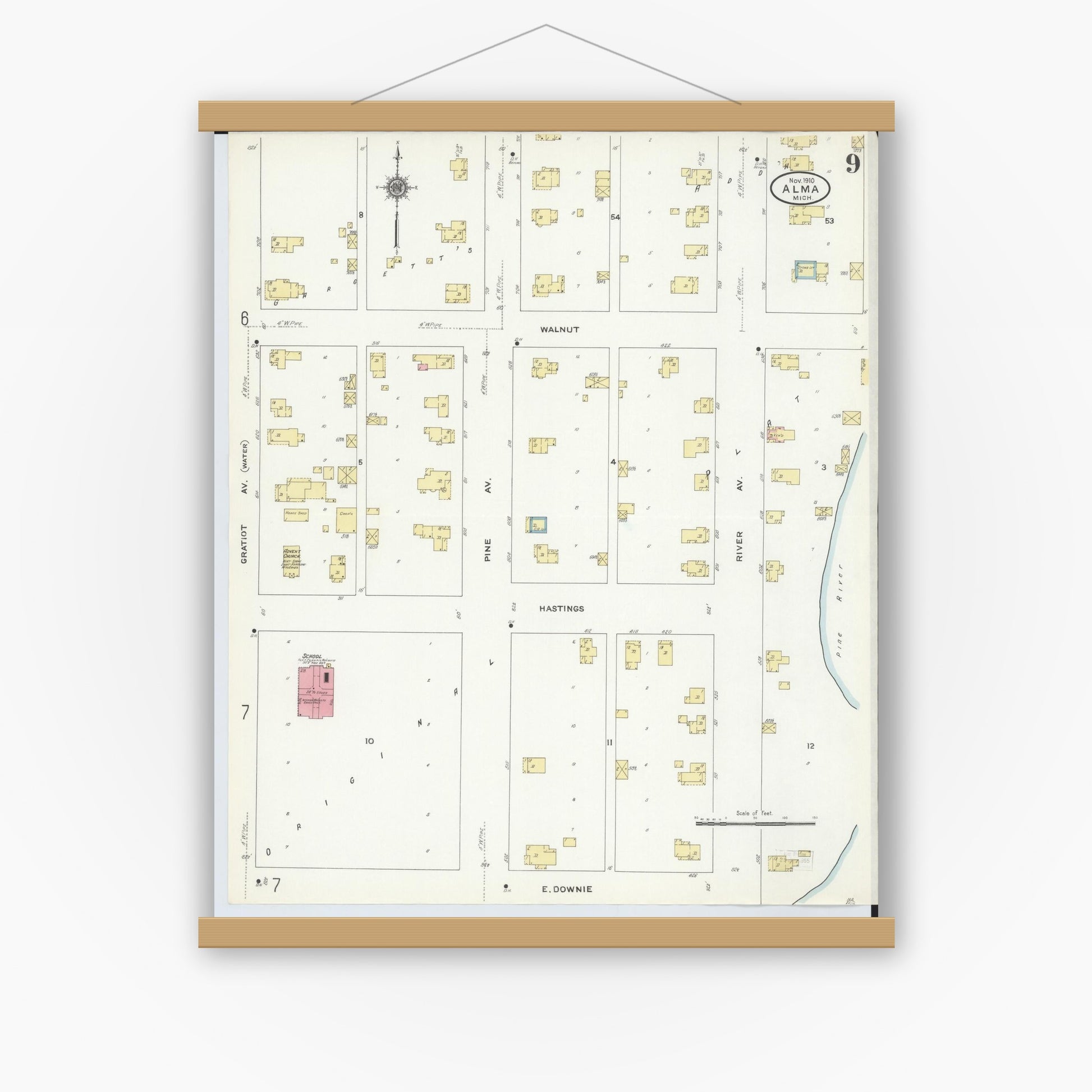 Old map wall art mockup — magnetic wood frame on white wall — Sanborn Fire Insurance Map from Alma, Gratiot County, Michigan (1910), Sheet #0009