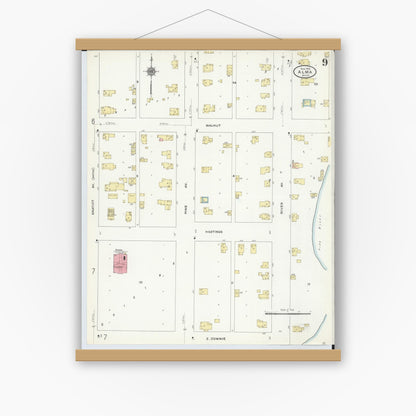 Old map wall art mockup — magnetic wood frame on white wall — Sanborn Fire Insurance Map from Alma, Gratiot County, Michigan (1910), Sheet #0009