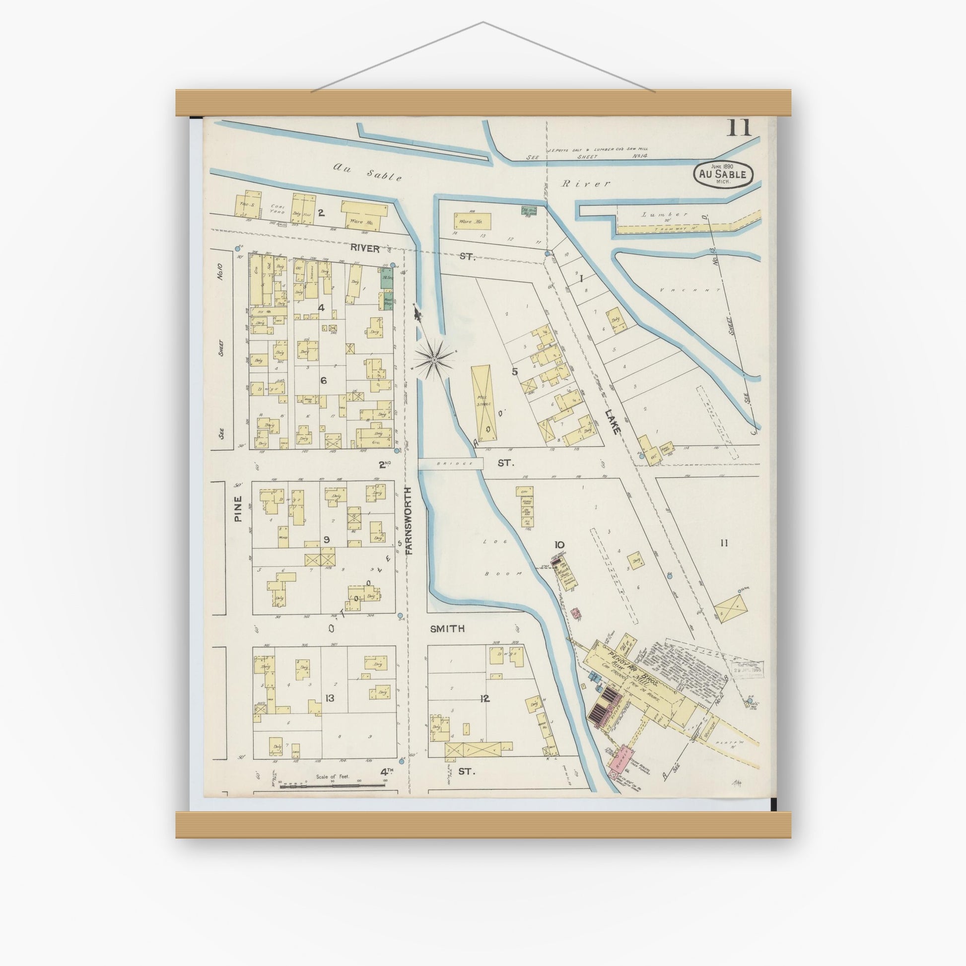 Old map wall art mockup — magnetic wood frame on white wall — Sanborn Fire Insurance Map from Oscoda, Iosco County, Michigan (1890), Sheet #0011