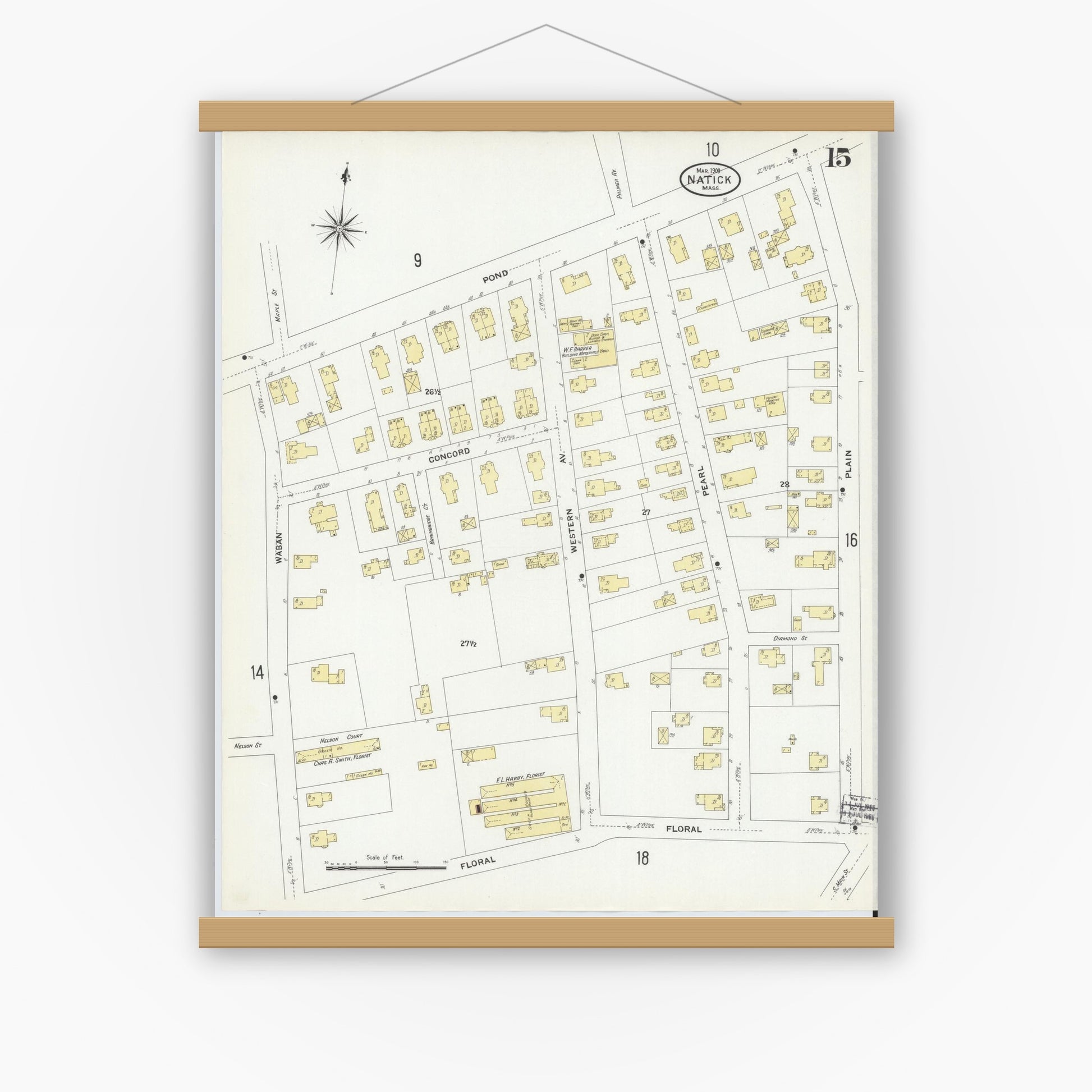 Old map wall art mockup — magnetic wood frame on white wall — Sanborn Fire Insurance Map from Natick, Middlesex County, Massachusetts (1909), Sheet #0015