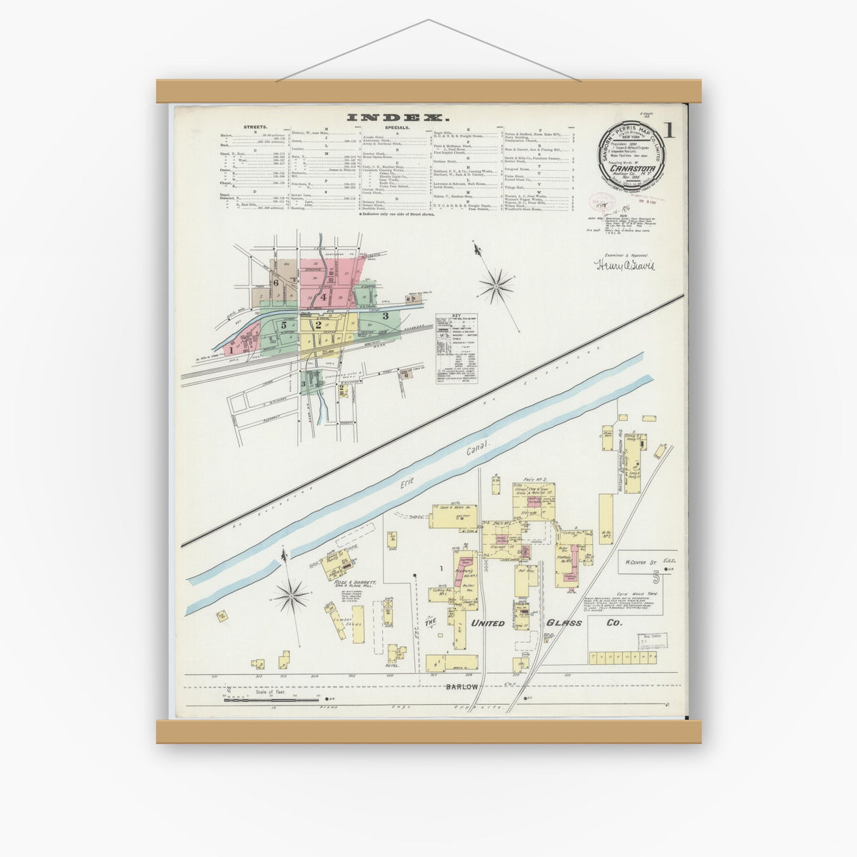 Old map wall art mockup — magnetic wood frame on white wall — Sanborn Fire Insurance Map from Canastota, Madison County, New York (1895), Sheet #0001