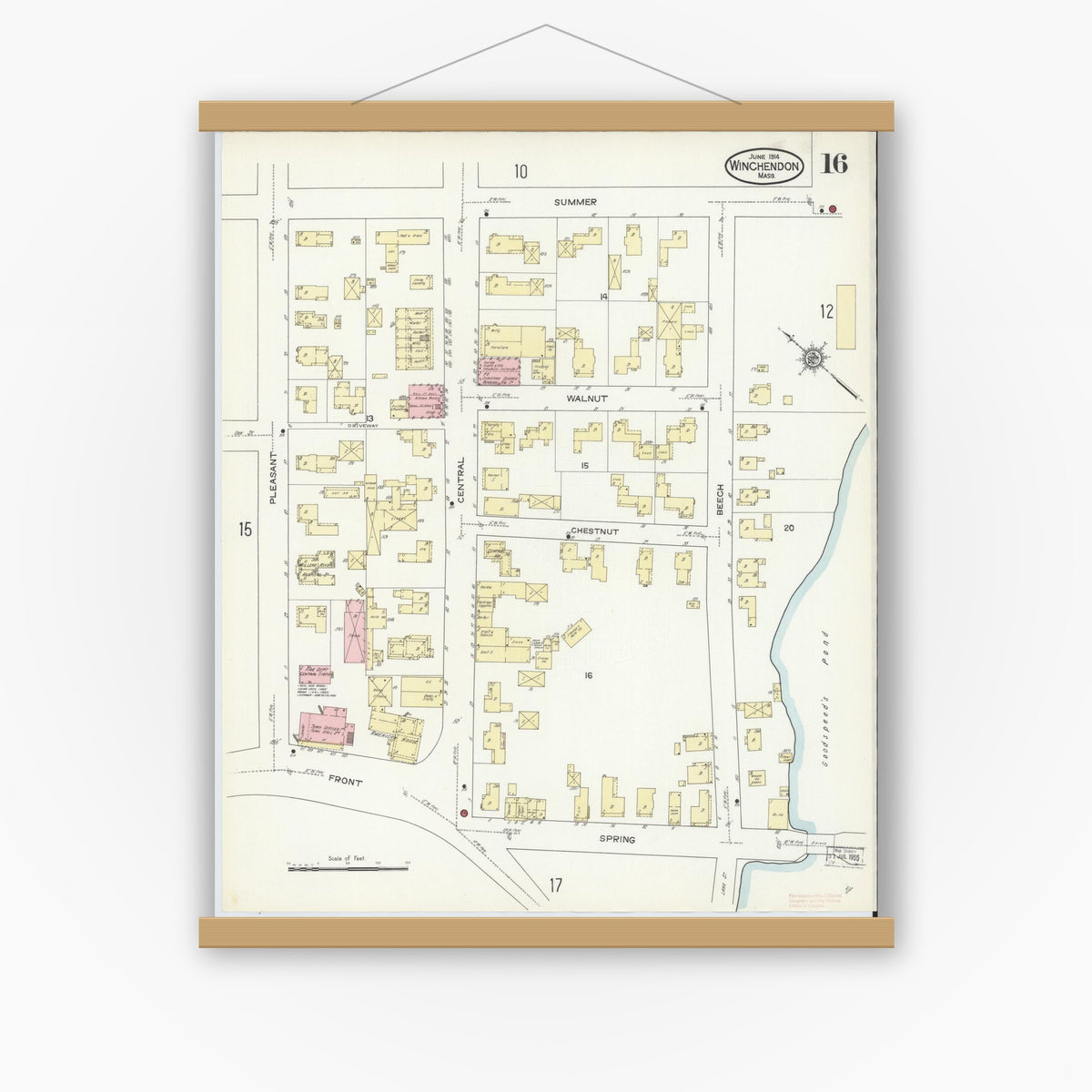 Old map wall art mockup — magnetic wood frame on white wall — Sanborn Fire Insurance Map from Winchendon, Worcester County, Massachusetts (1914), Sheet #0016