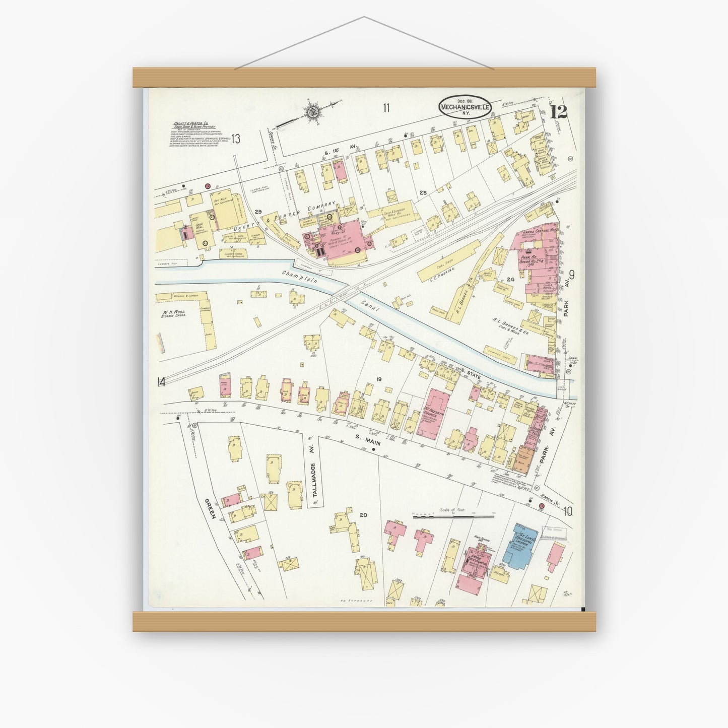 Old map wall art mockup — magnetic wood frame on white wall — Sanborn Fire Insurance Map from Mechanicville, Saratoga County, New York (1911), Sheet #0012