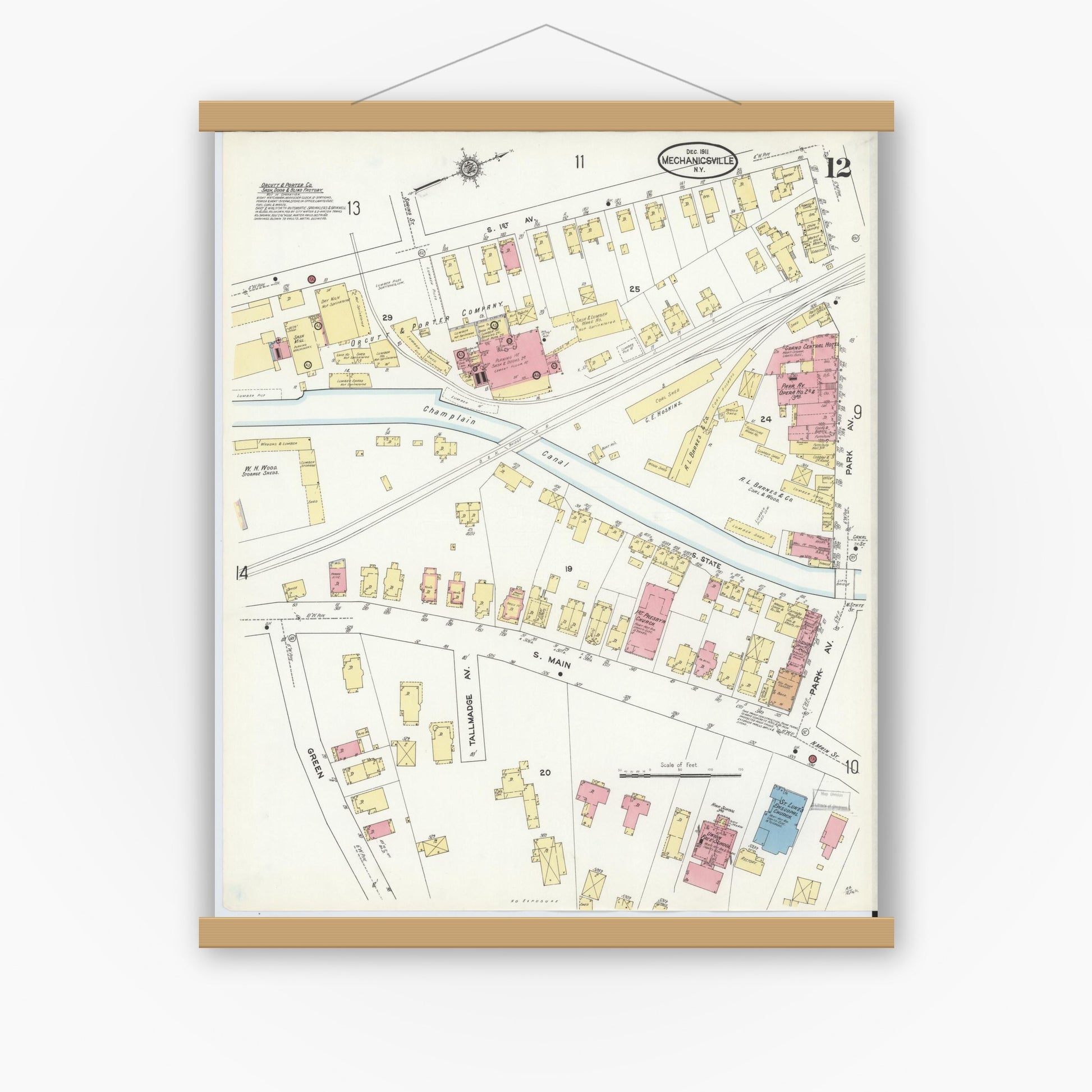 Old map wall art mockup — magnetic wood frame on white wall — Sanborn Fire Insurance Map from Mechanicville, Saratoga County, New York (1911), Sheet #0012