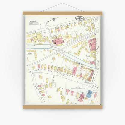 Old map wall art mockup — magnetic wood frame on white wall — Sanborn Fire Insurance Map from Mechanicville, Saratoga County, New York (1911), Sheet #0012