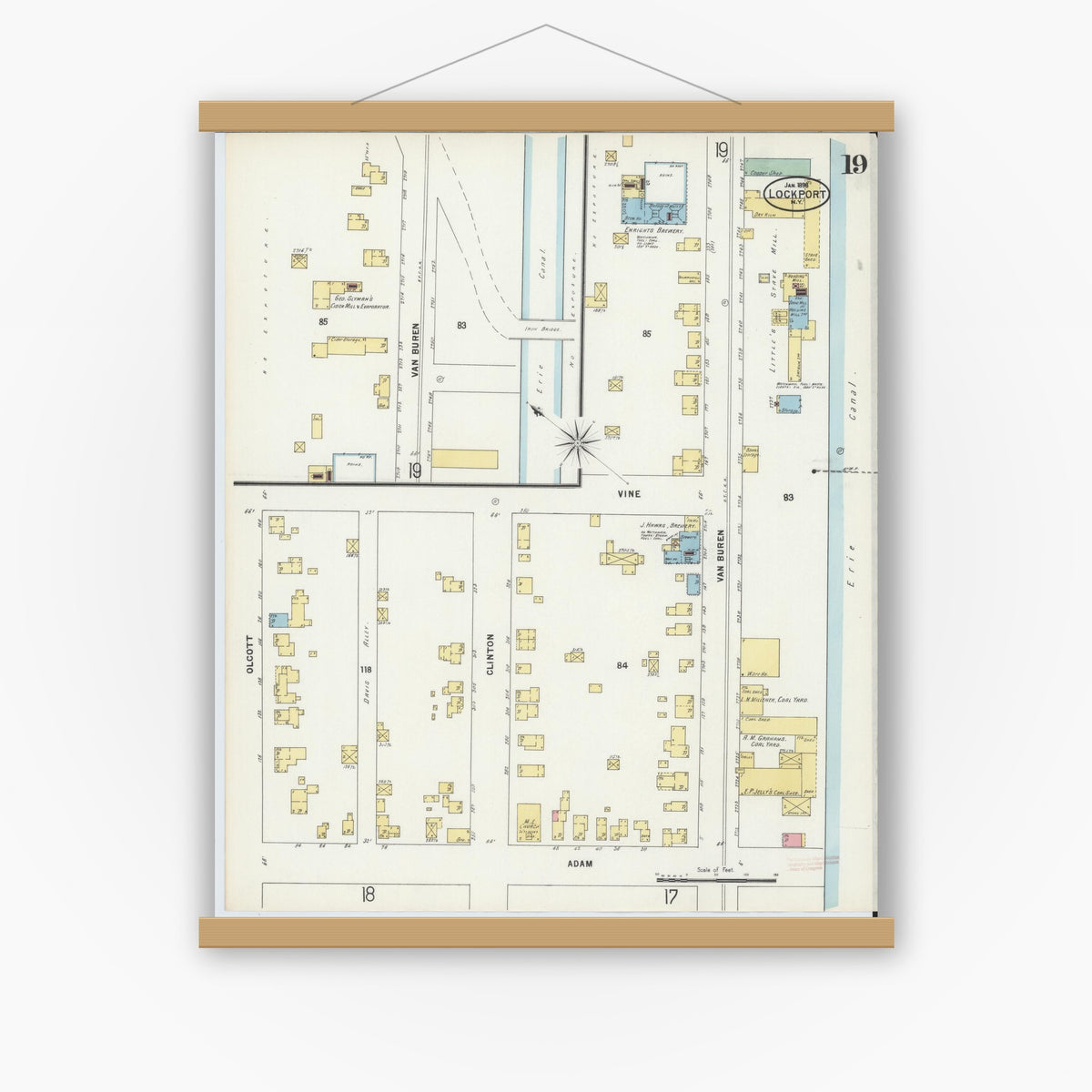 Old map wall art mockup — magnetic wood frame on white wall — Sanborn Fire Insurance Map from Lockport, Niagara County, New York (1898), Sheet #0019