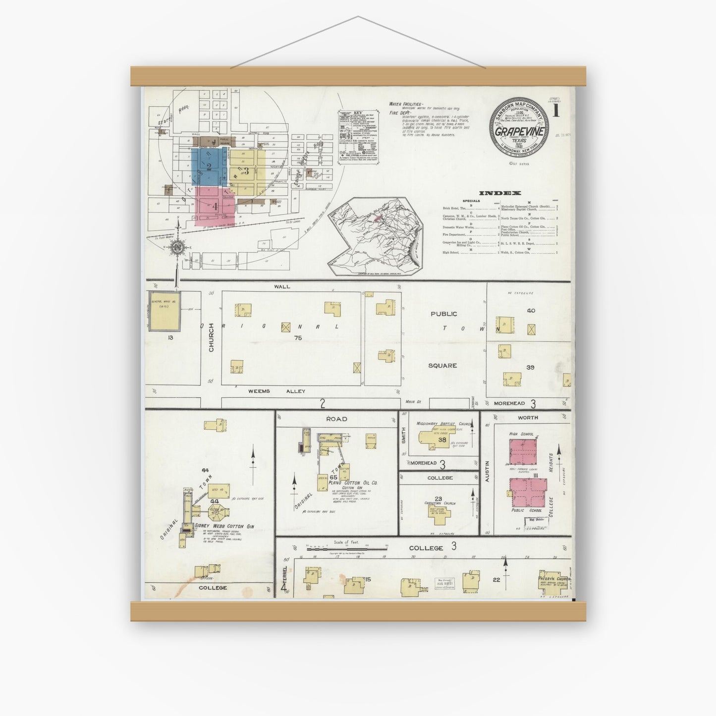 Old map wall art mockup — magnetic wood frame on white wall — Sanborn Fire Insurance Map from Grapevine, Tarrant County, Texas (1921) - Complete Map Set