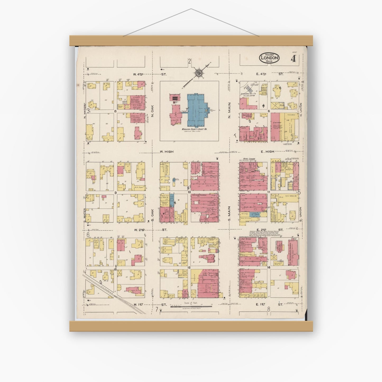 Old map wall art mockup — magnetic wood frame on white wall — Sanborn Fire Insurance Map from London, Madison County, Ohio (1921), Sheet #0004