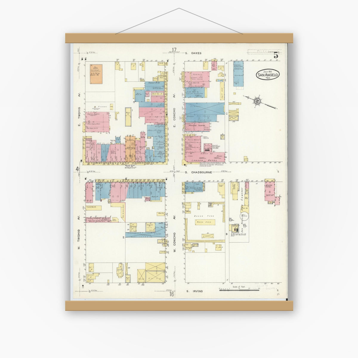Old map wall art mockup — magnetic wood frame on white wall — Sanborn Fire Insurance Map from San Angelo, Tom Green County, Texas (1913), Sheet #0005