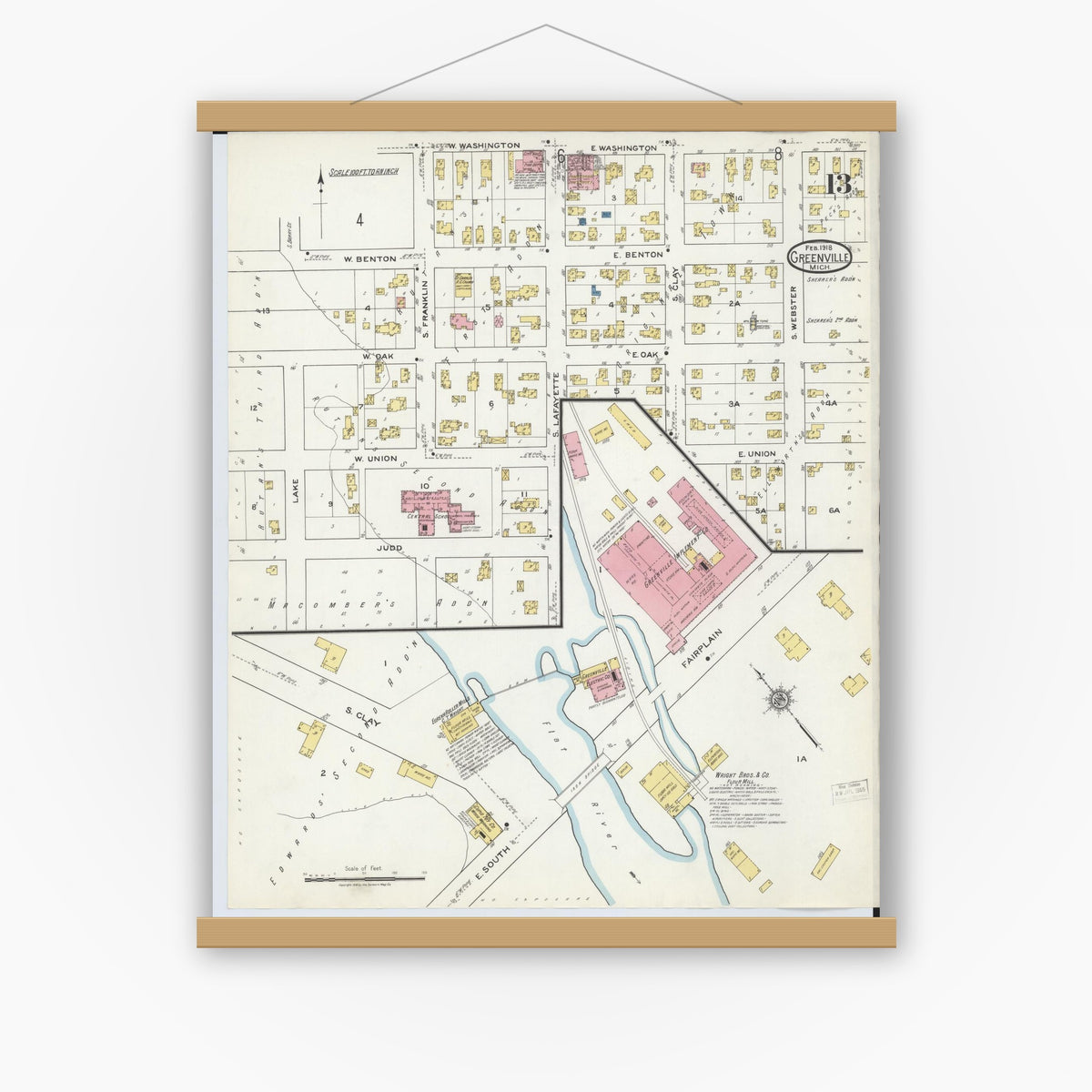 Old map wall art mockup — magnetic wood frame on white wall — Sanborn Fire Insurance Map from Greenville, Montcalm County, Michigan (1918), Sheet #0013
