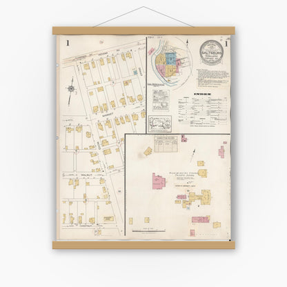 Old map wall art mockup — magnetic wood frame on white wall — Sanborn Fire Insurance Map from Saltsburg, Indiana County, Pennsylvania (1938), Sheet #0001
