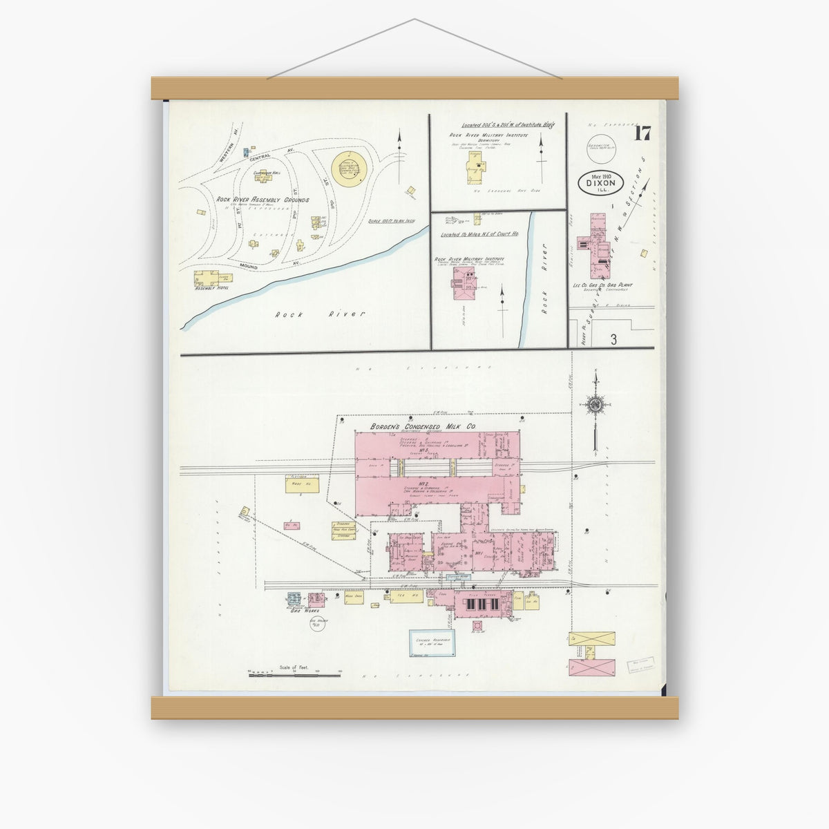 Old map wall art mockup — magnetic wood frame on white wall — Sanborn Fire Insurance Map from Dixon, Lee County, Illinois (1910), Sheet #0017