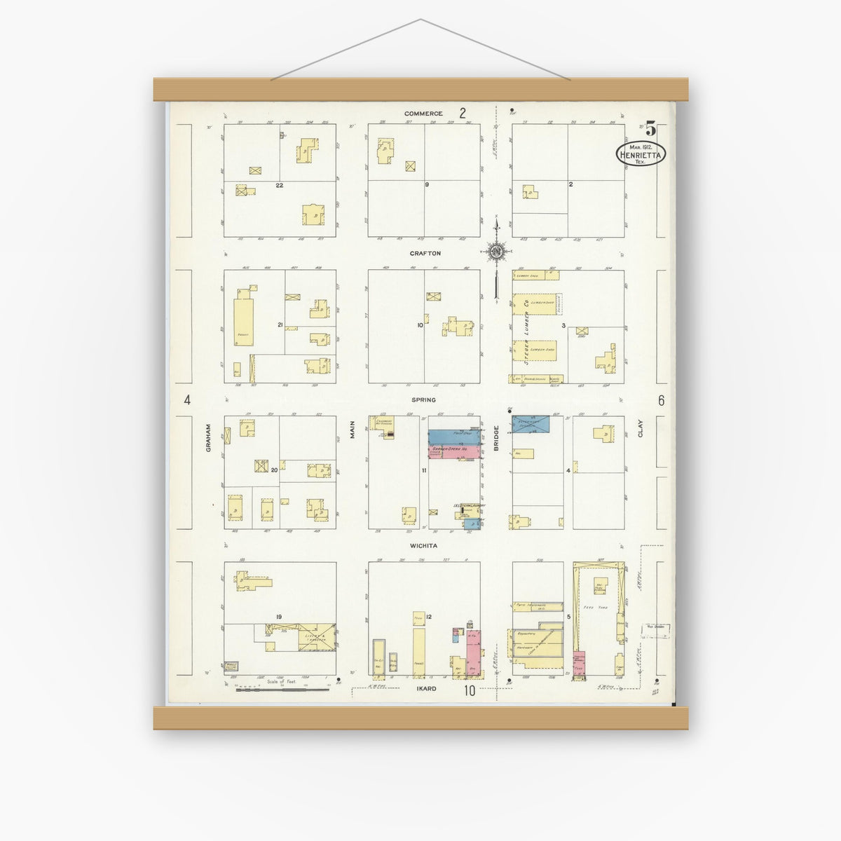 Old map wall art mockup — magnetic wood frame on white wall — Sanborn Fire Insurance Map from Henrietta, Clay County, Texas (1912), Sheet #0005
