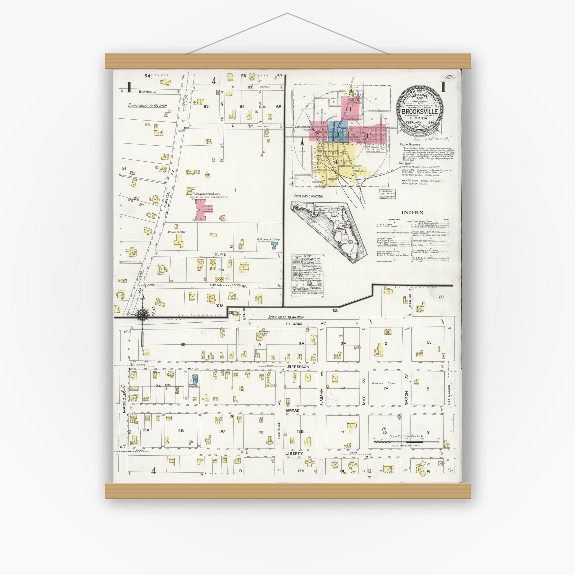 Old map wall art mockup — magnetic wood frame on white wall — Sanborn Fire Insurance Map from Brooksville, Hernando County, Florida (1924) - Complete Map Set