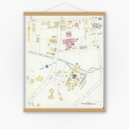 Old map wall art mockup — magnetic wood frame on white wall — Sanborn Fire Insurance Map from North Attleborough, Bristol County, Massachusetts (1911), Sheet #0012