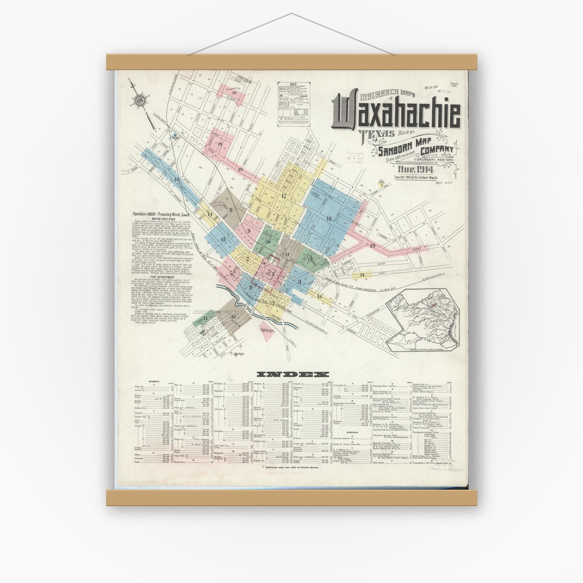 Old map wall art mockup — magnetic wood frame on white wall — Sanborn Fire Insurance Map from Waxahachie, Ellis County, Texas (1914) - Complete Map Set