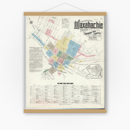 Old map wall art mockup — magnetic wood frame on white wall — Sanborn Fire Insurance Map from Waxahachie, Ellis County, Texas (1914) - Complete Map Set