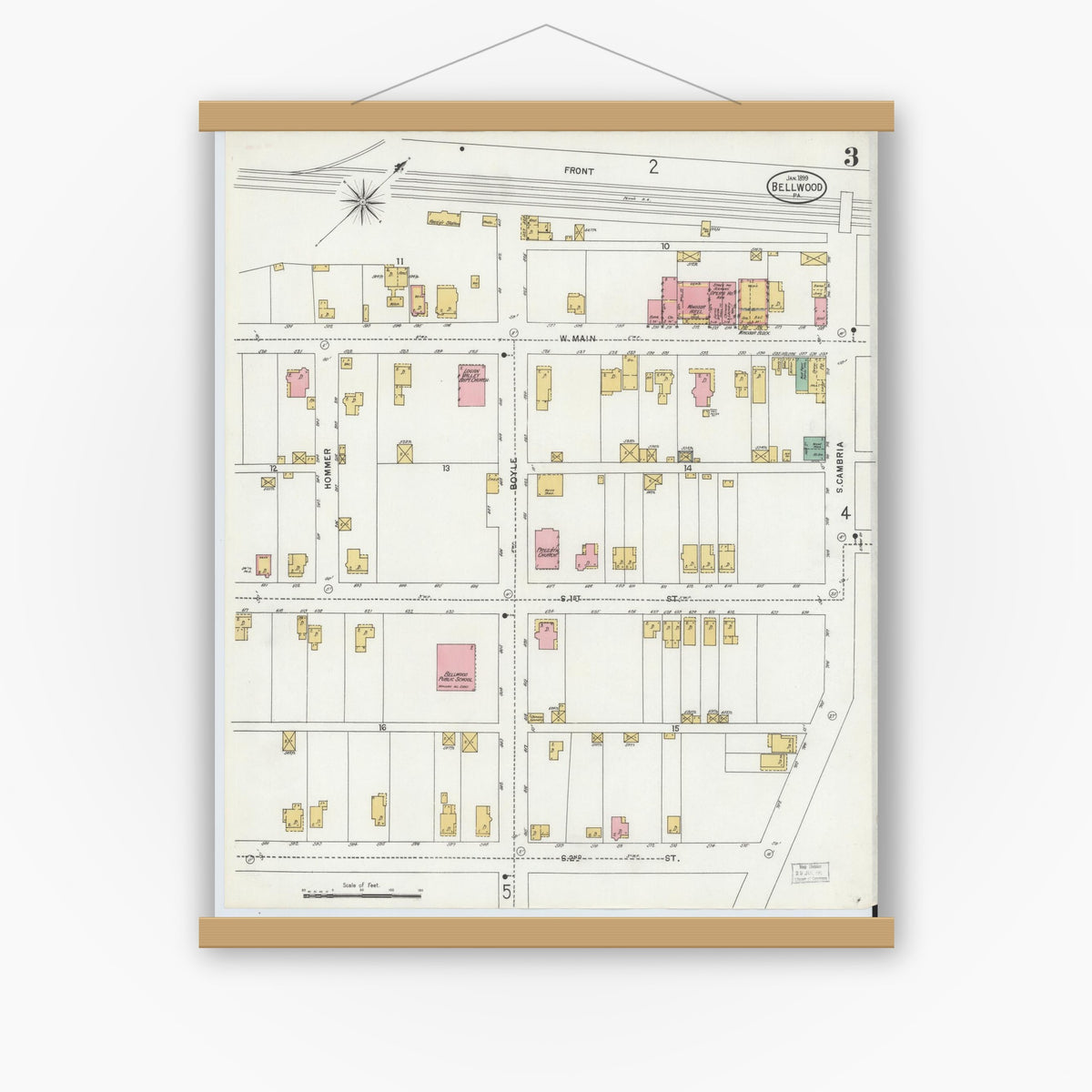 Old map wall art mockup — magnetic wood frame on white wall — Sanborn Fire Insurance Map from Bellwood, Blair County, Pennsylvania (1899), Sheet #0003