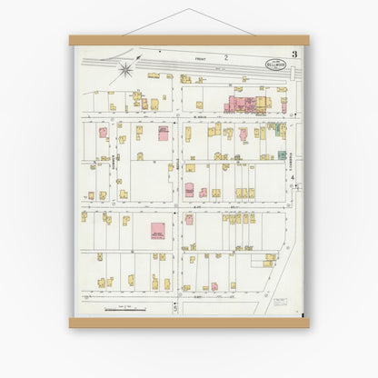 Old map wall art mockup — magnetic wood frame on white wall — Sanborn Fire Insurance Map from Bellwood, Blair County, Pennsylvania (1899), Sheet #0003