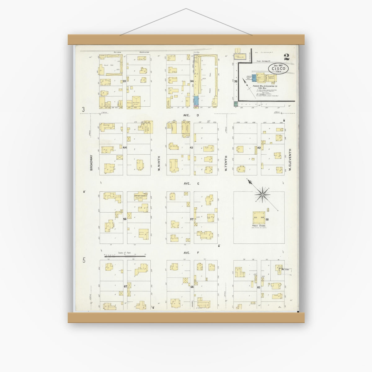 Old map wall art mockup — magnetic wood frame on white wall — Sanborn Fire Insurance Map from Cisco, Eastland County, Texas (1907), Sheet #0002