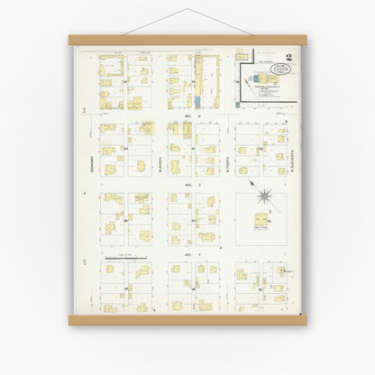 Old map wall art mockup — magnetic wood frame on white wall — Sanborn Fire Insurance Map from Cisco, Eastland County, Texas (1907), Sheet #0002