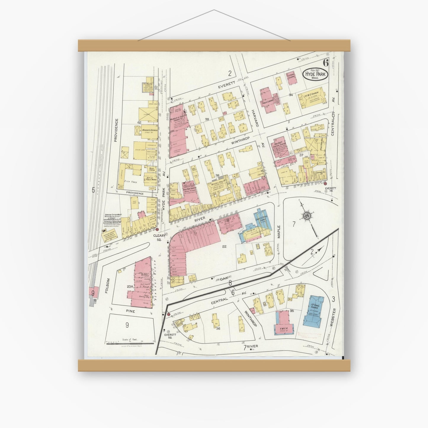 Old map wall art mockup — magnetic wood frame on white wall — Sanborn Fire Insurance Map from Hyde Park, Norfolk County, Massachusetts (1917), Sheet #0006