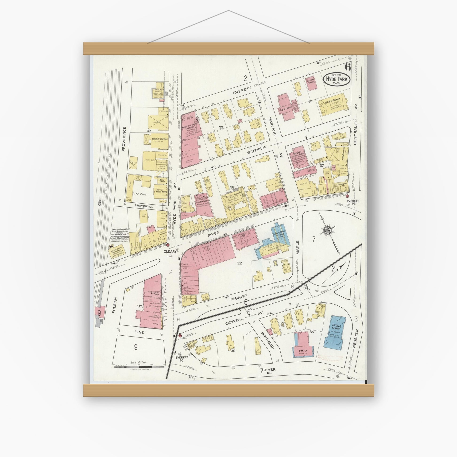 Old map wall art mockup — magnetic wood frame on white wall — Sanborn Fire Insurance Map from Hyde Park, Norfolk County, Massachusetts (1917), Sheet #0006