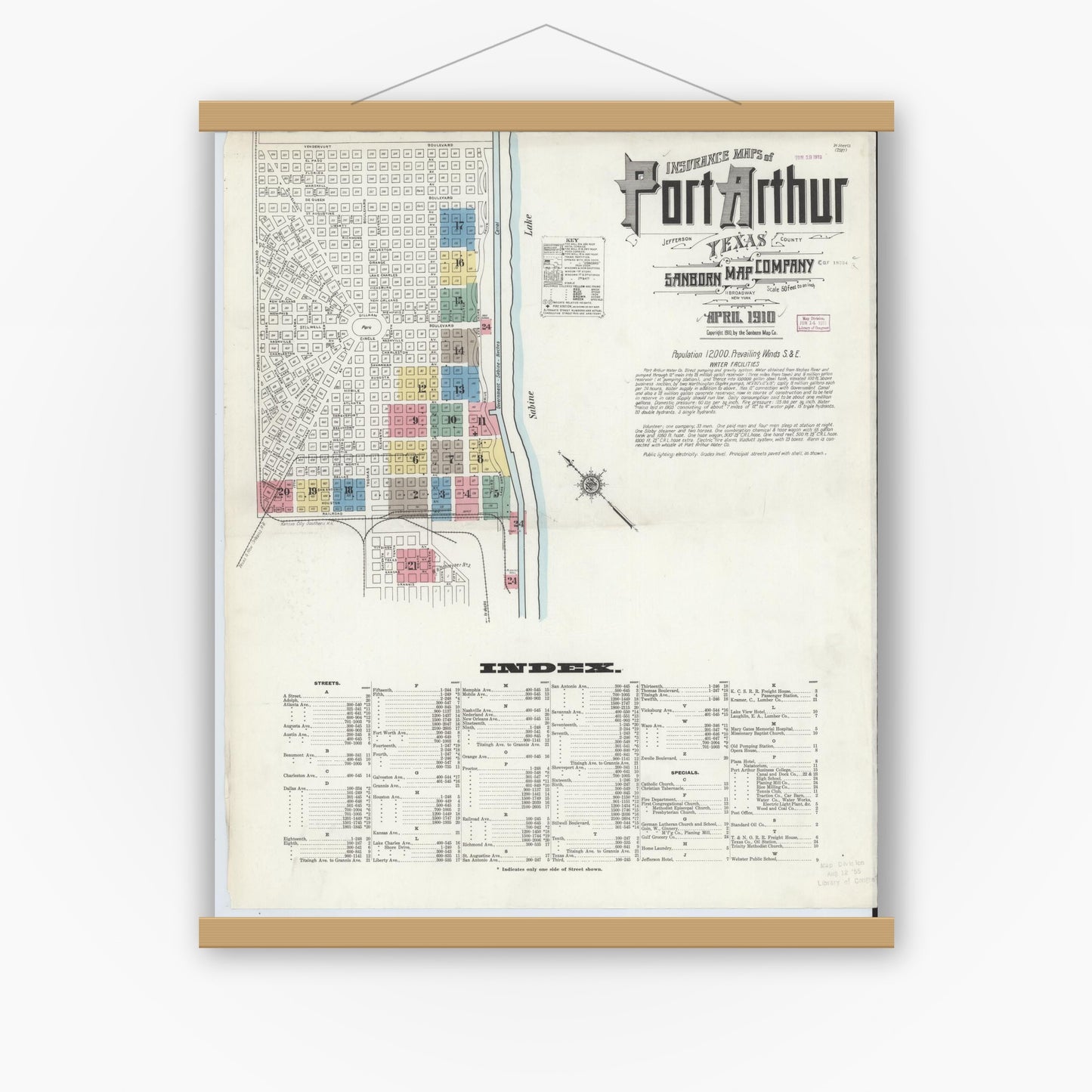 Old map wall art mockup — magnetic wood frame on white wall — Sanborn Fire Insurance Map from Port Arthur, Jefferson County, Texas (1910) - Complete Map Set