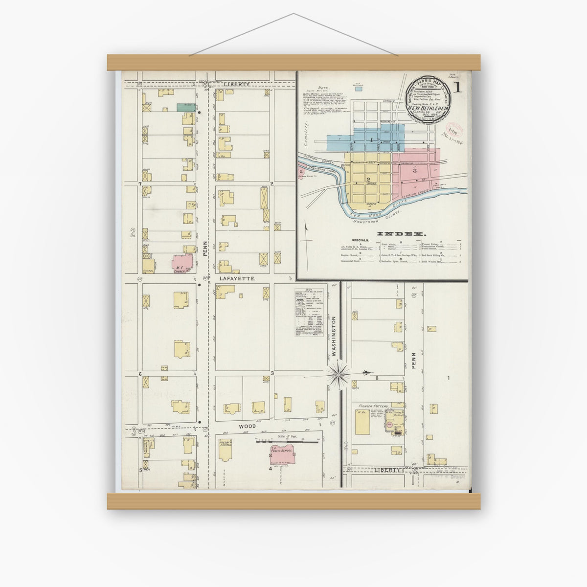 Old map wall art mockup — magnetic wood frame on white wall — Sanborn Fire Insurance Map from New Bethlehem, Clarion County, Pennsylvania (1894) - Complete Map Set