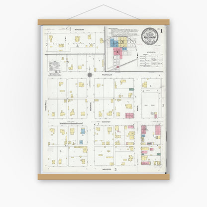 Old map wall art mockup — magnetic wood frame on white wall — Sanborn Fire Insurance Map from Mackinaw, Tazewell County, Illinois (1910), Sheet #0001