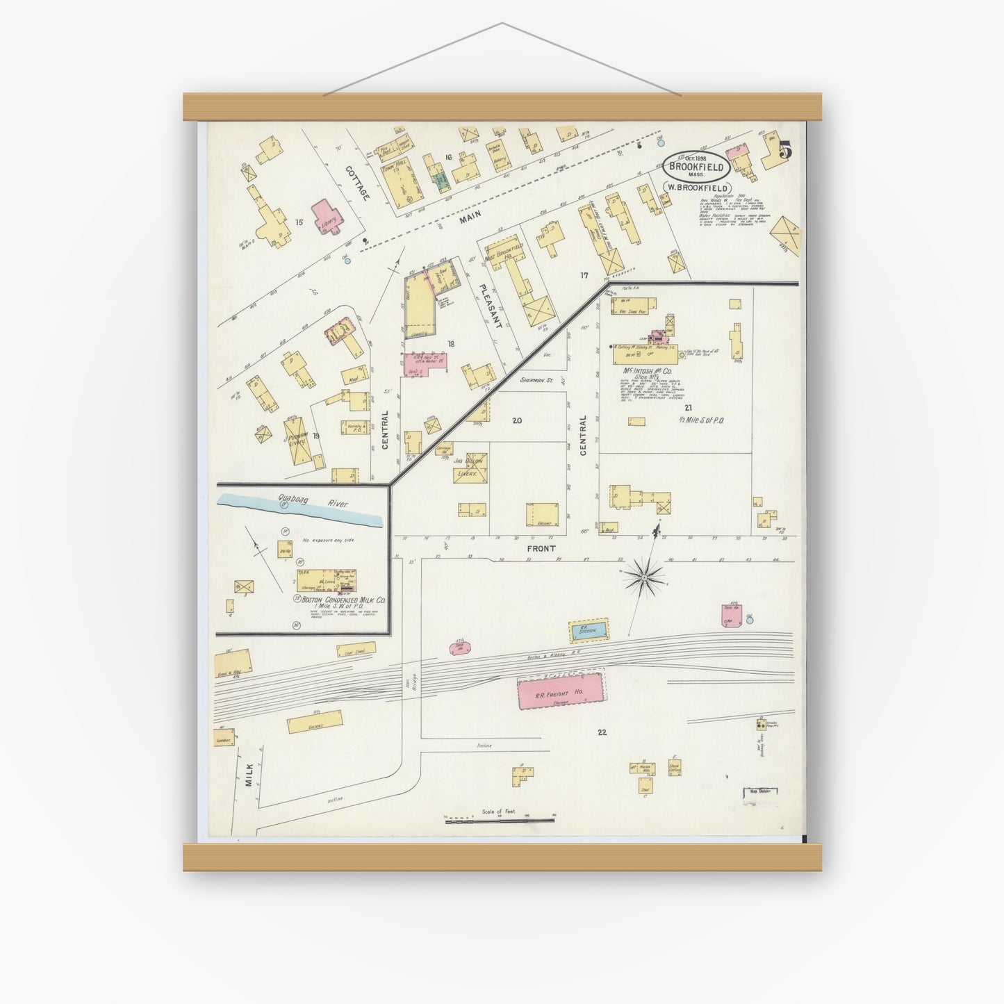 Old map wall art mockup — magnetic wood frame on white wall — Sanborn Fire Insurance Map from Brookfield, Worcester County, Massachusetts (1898), Sheet #0005