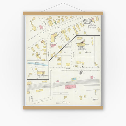 Old map wall art mockup — magnetic wood frame on white wall — Sanborn Fire Insurance Map from Brookfield, Worcester County, Massachusetts (1898), Sheet #0005
