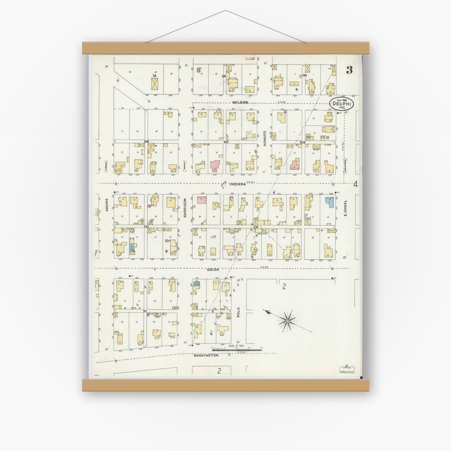 Old map wall art mockup — magnetic wood frame on white wall — Sanborn Fire Insurance Map from Delphi, Carroll County, Indiana (1906), Sheet #0003