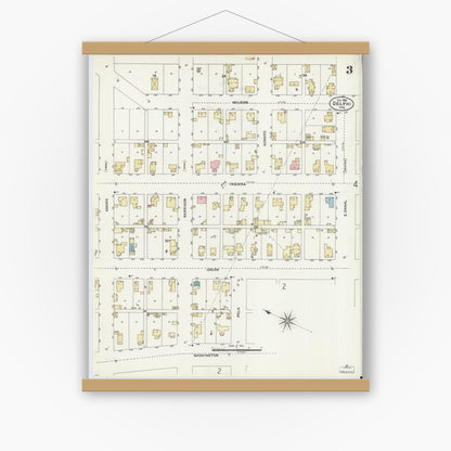 Old map wall art mockup — magnetic wood frame on white wall — Sanborn Fire Insurance Map from Delphi, Carroll County, Indiana (1906), Sheet #0003